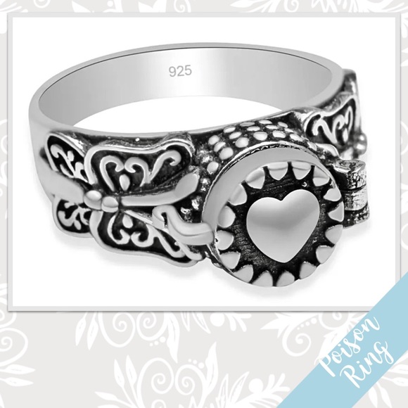 Sun, Heart, Butterfly Vintage-Inspired Silver Artisan Poison Ring, Sizes 6, 7, 8 - Picture 2 of 3
